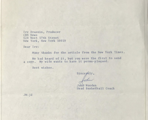 Irv Drasnin Letter from John Wooden (December 7, 1973)